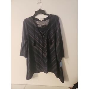 John Paul Richard Navy Blue Chevron V-Neck Lace Up Pullover Top Women's Size XL